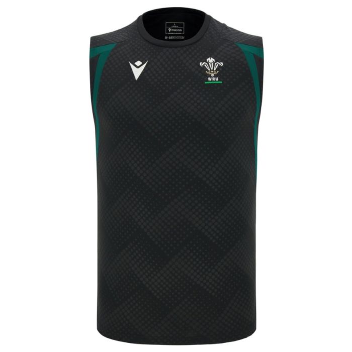 Camiseta sin mangas entrenamiento rugby Gales negra Macron micromalla espalda