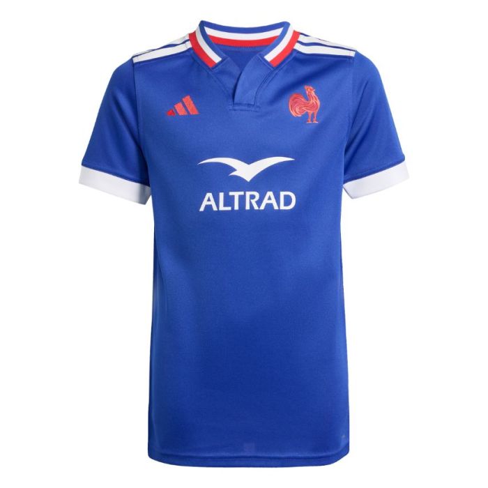Camiseta rugby Francia local 2025 Adidas azul cuello Henley tricolor