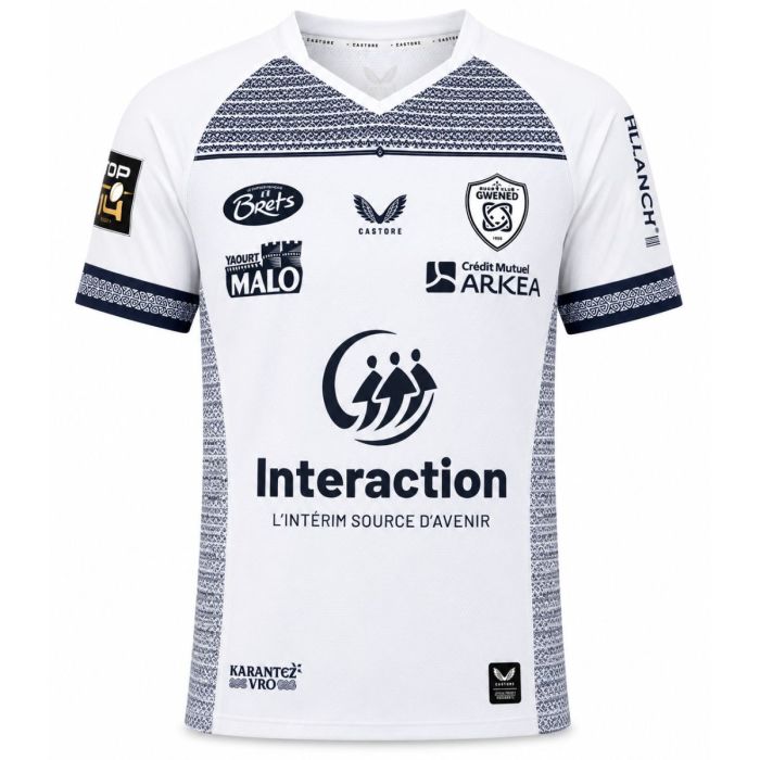 Camiseta rugby RC Vannes exterior 2026 Castore blanca azul marino