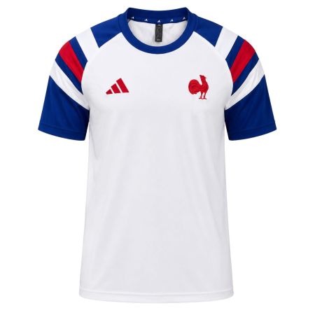 Camiseta rugby Francia mujer blanca Adidas paneles azul real ribete tricolor