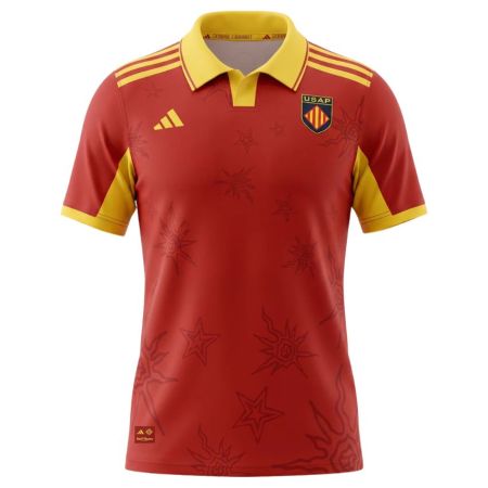Camiseta de rugby USAP exterior 2026-2027 Adidas sangre y oro vista frontal