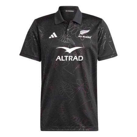 Polo All Blacks negro adidas motivo helecho plateado plano