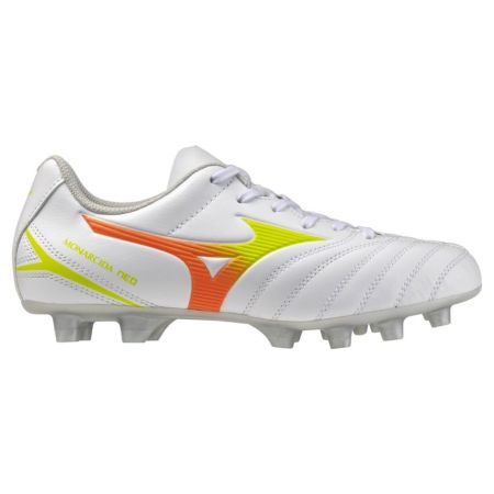 Botas de rugby junior Mizuno Monarcida Neo III blanco amarillo naranja vista lateral
