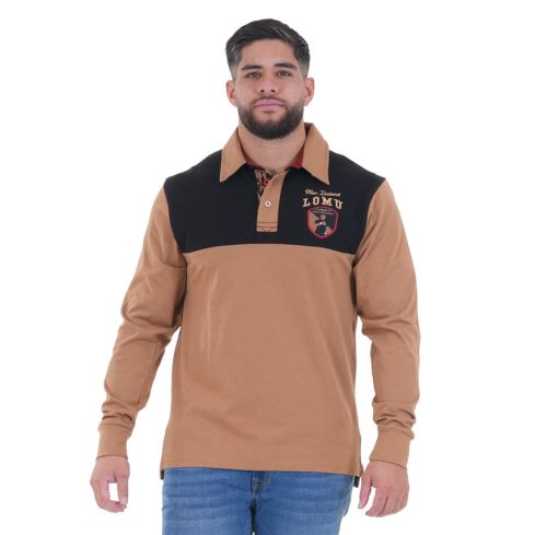 Polo de rugby de manga larga Jonah LOMU beige/negro - Ruckfield